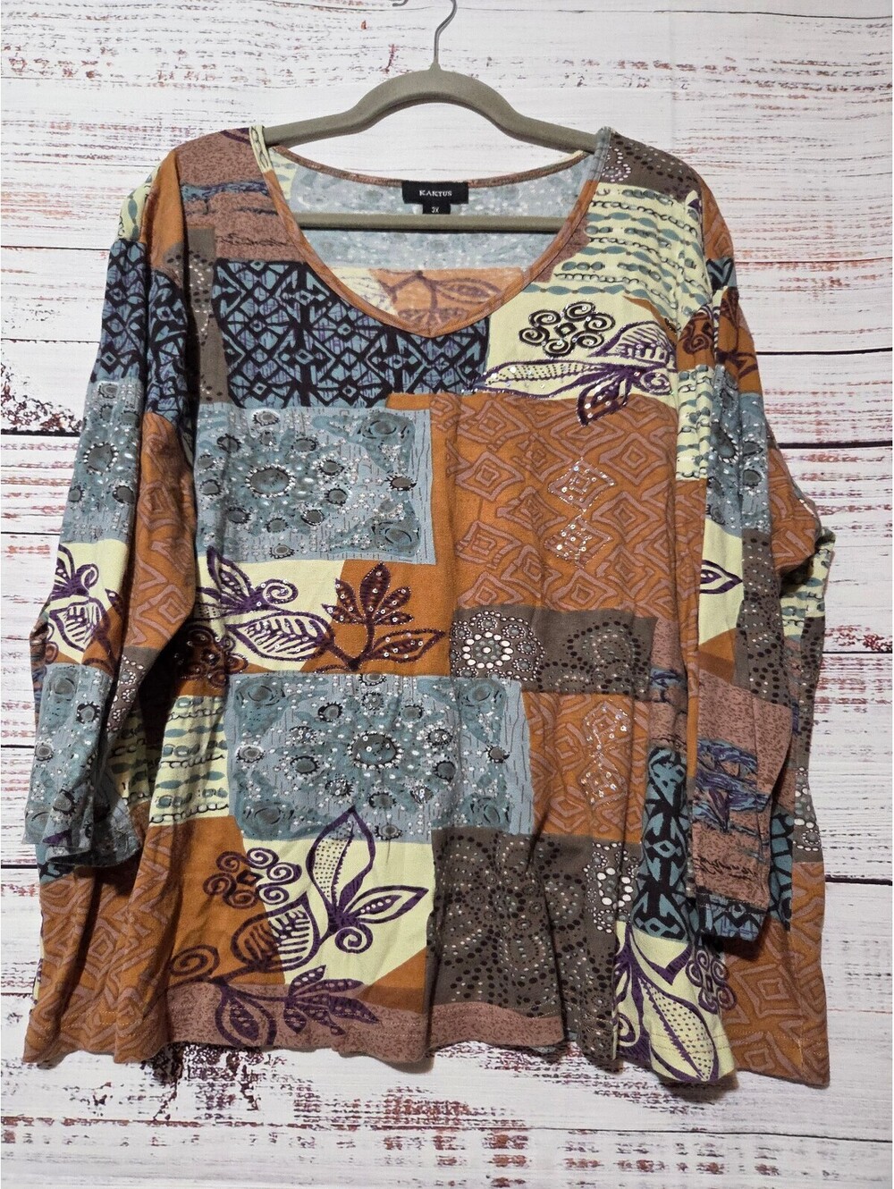 Kaktus 3X Multi Color Patchwork Pattern Casual Blouse